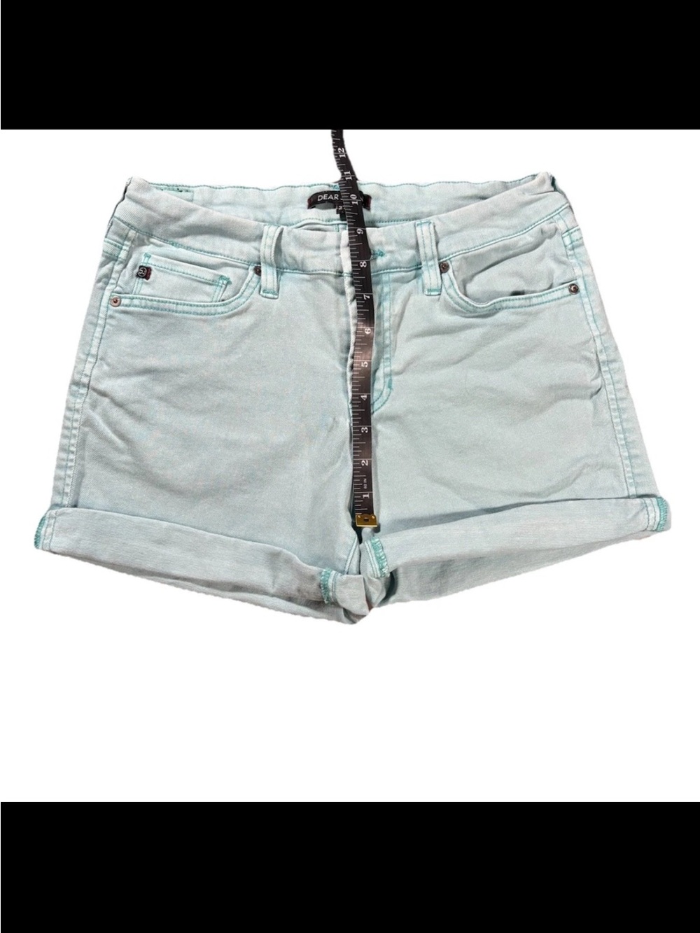 Dear John Tiffany Blue Teal Denim Roll-Cuff Women's Shorts - Picture 6 of 8